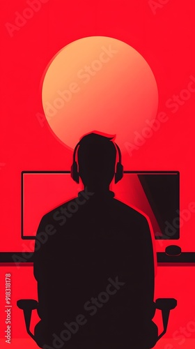 Silhouette of a person sitting at a computer with headphones on, backlit by a large red circle. The image is minimal and abstract.