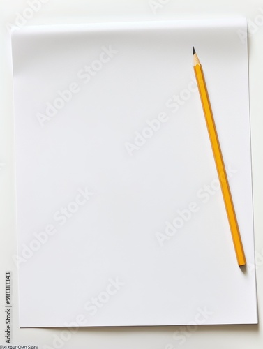 A blank sheet of white paper lies flat with a sharpened yellow pencil placed diagonally on top, ready for writing or drawing.