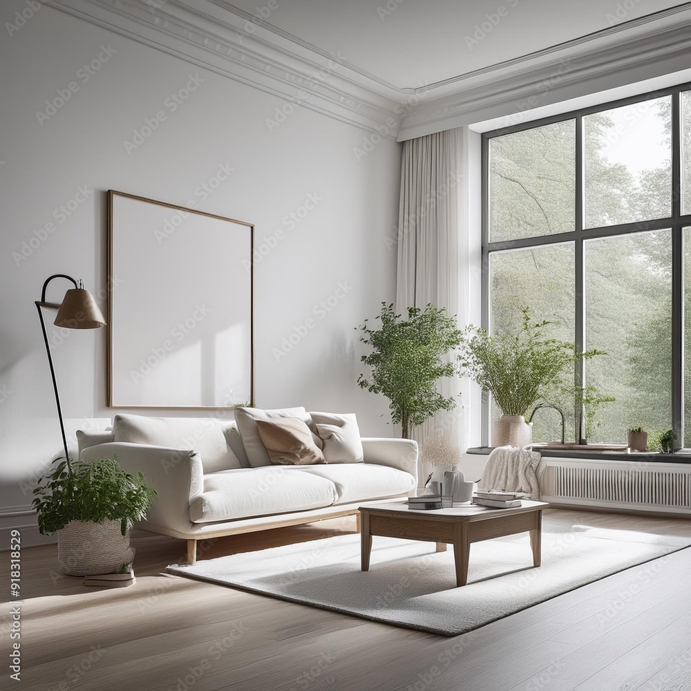 Fototapeta premium a living room with white walls and a large window