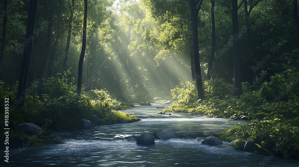 River Flowing Through Dense Forest with Bright Natural Light River Flowing Through Dense Forest with Bright Natural Light