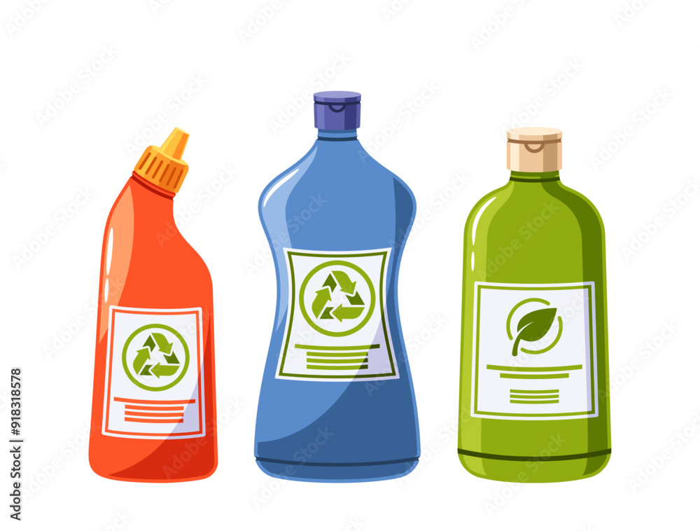 Three Eco-friendly Cleaning Product Bottles. Includes Green, Blue, And Orange Containers With Eco Symbols Three Eco-friendly Cleaning Product Bottles. Includes Green, Blue, And Orange Containers With Eco Symbols