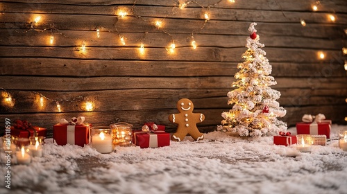 Festive Christmas Decorations with a Gingerbread Man and a Snowy Christmas Tree