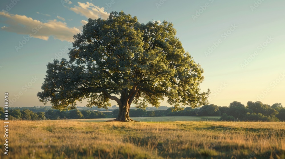 A majestic old oak tree stands alone in a sunlit field, surrounded by a tranquil countryside landscape. A majestic old oak tree stands alone in a sunlit field, surrounded by a tranquil countryside landscape.