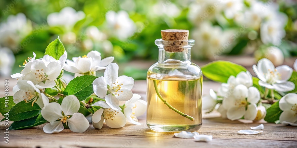 Apple Blossom Essential Oil in Glass Bottle on Wooden Table, essential oil, apple blossom, aromatherapy , natural Apple Blossom Essential Oil in Glass Bottle on Wooden Table, essential oil, apple blossom, aromatherapy , natural