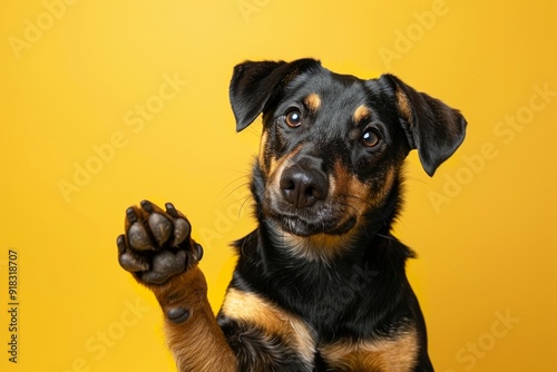 Adorable black dog with paw raised in greeting, vibrant yellow backdrop photo