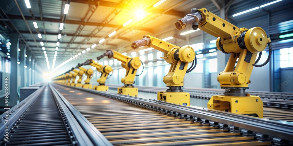 Automated Production Line with Yellow Industrial Robots, factory, automation, industrial robots, robotic arms Automated Production Line with Yellow Industrial Robots, factory, automation, industrial robots, robotic arms
