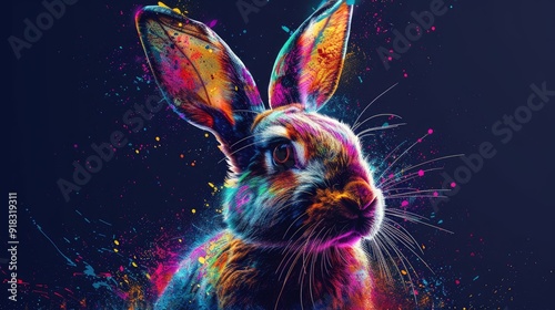 A vibrant, colorful rabbit portrait with a splash of paint effect. The dark blue background creates a dramatic backdrop for the colorful animal.