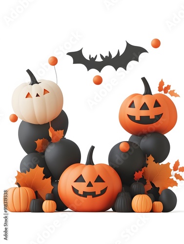 Three jack-o'-lanterns, a bat and black balloons with orange leaves, creating a festive Halloween scene.