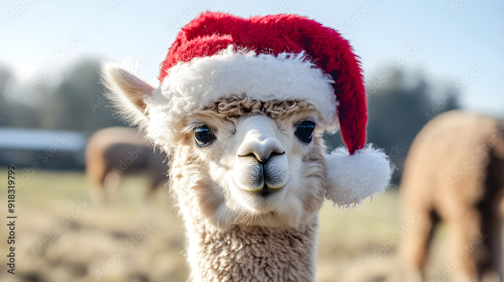 Obraz premium A cute alpaca wears a festive red Christmas hat, looking joyful and charming against a soft blurred background of a farm setting