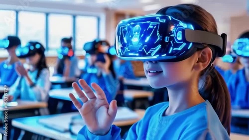 School student with VR headsets using AI artificial intelligence technology learning AI blue hologram in education, Children enjoy the fun