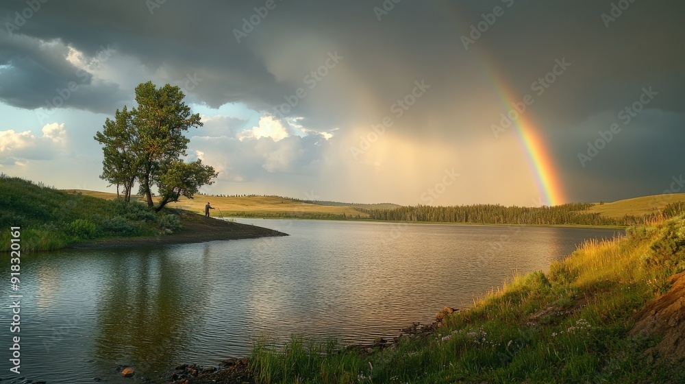 A serene landscape featuring a rainbow over a lake, with a lone figure by the water's edge. A serene landscape featuring a rainbow over a lake, with a lone figure by the water's edge.