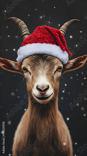 A cute brown goat wearing a red Christmas hat smiles warmly, set against a snowy dark background creating a festive atmosphere