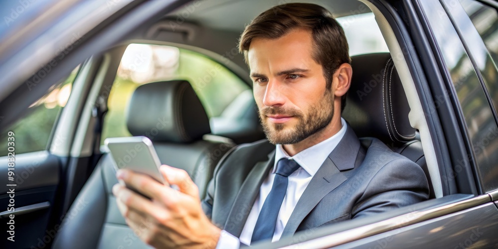 Businessman Using Smartphone Inside Car, Portrait, Close-up, Business, Travel, Technology, Transportation