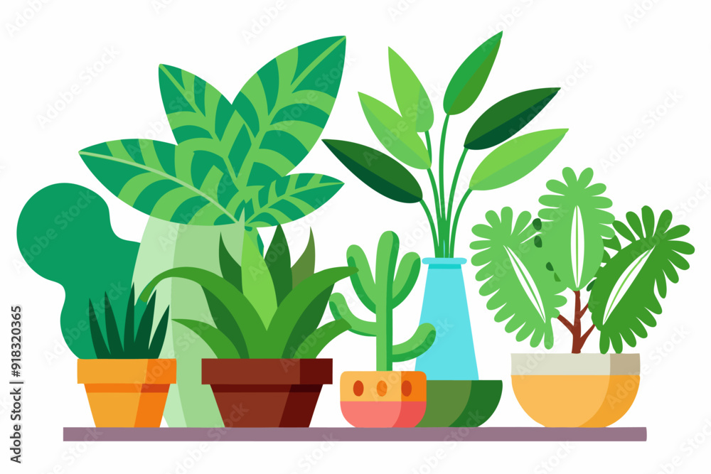 Fototapeta premium A Row of Potted Plants with Various Leaf Shapes