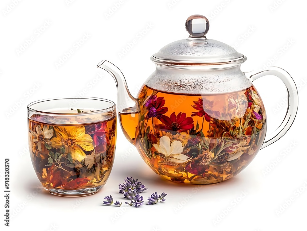 Glass Teapot and Cup with Blooming Flower Tea - Realistic Photo Glass Teapot and Cup with Blooming Flower Tea - Realistic Photo