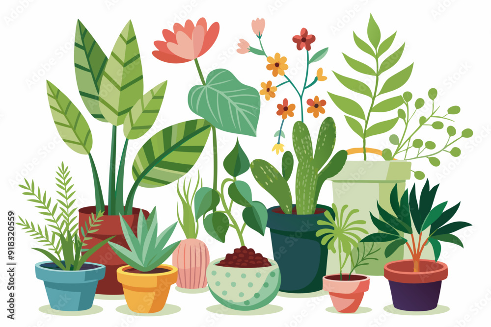 A Collection of Potted Plants with Flowers and Greenery A Collection of Potted Plants with Flowers and Greenery