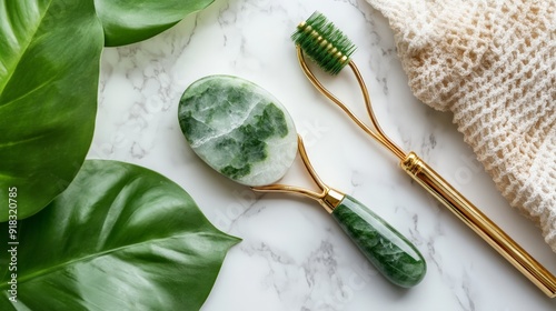 Elegant jade roller and gua sha tool on marble surface with green leaves and woven fabric, promoting self-care and relaxation. photo