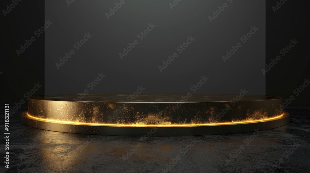Golden display stage with a dark, curved platform and elegant ...