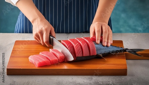 A man cutting slices of tuna with a sharp knife on a wooden board photo