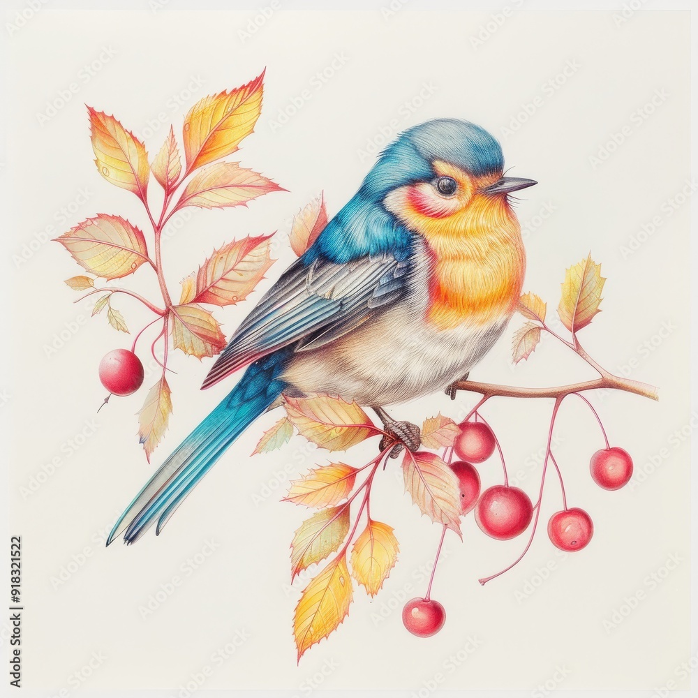 Fototapeta premium Colorful bluebird perched on a branch with autumn leaves and red berries in a watercolor illustration.