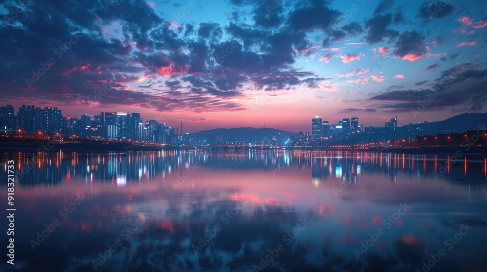 A vibrant city skyline reflected in a calm river at sunset, with a dramatic sky full of pink and blue clouds. A vibrant city skyline reflected in a calm river at sunset, with a dramatic sky full of pink and blue clouds.