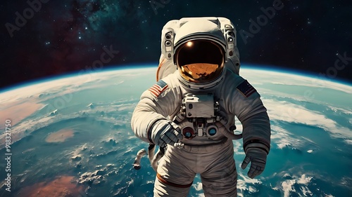 Fantasy painting design of an astronaut floating in endless space, hue and vintage color rate 3d render photo