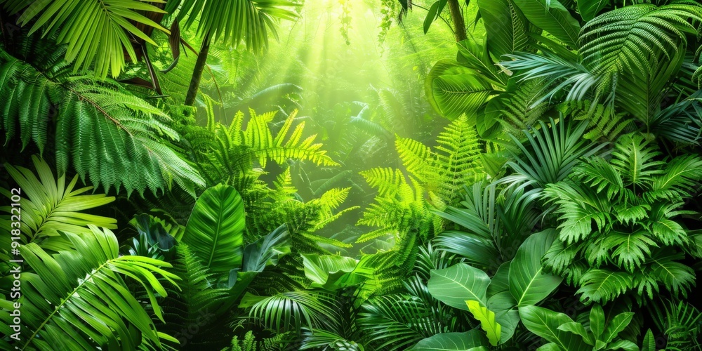 A vibrant jungle scene with lush green foliage and sunlight filtering through the leaves. A vibrant jungle scene with lush green foliage and sunlight filtering through the leaves.