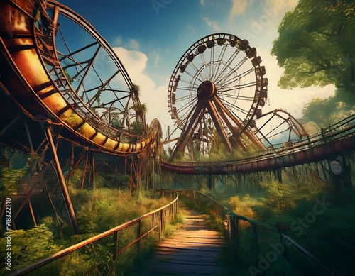 Rusty roller coasters towering overgrown pathways
Broken carnival games with faded paint
Eerie silence echoing through the area
Vines creeping over old structures
A ferris wheel standing still in the  photo