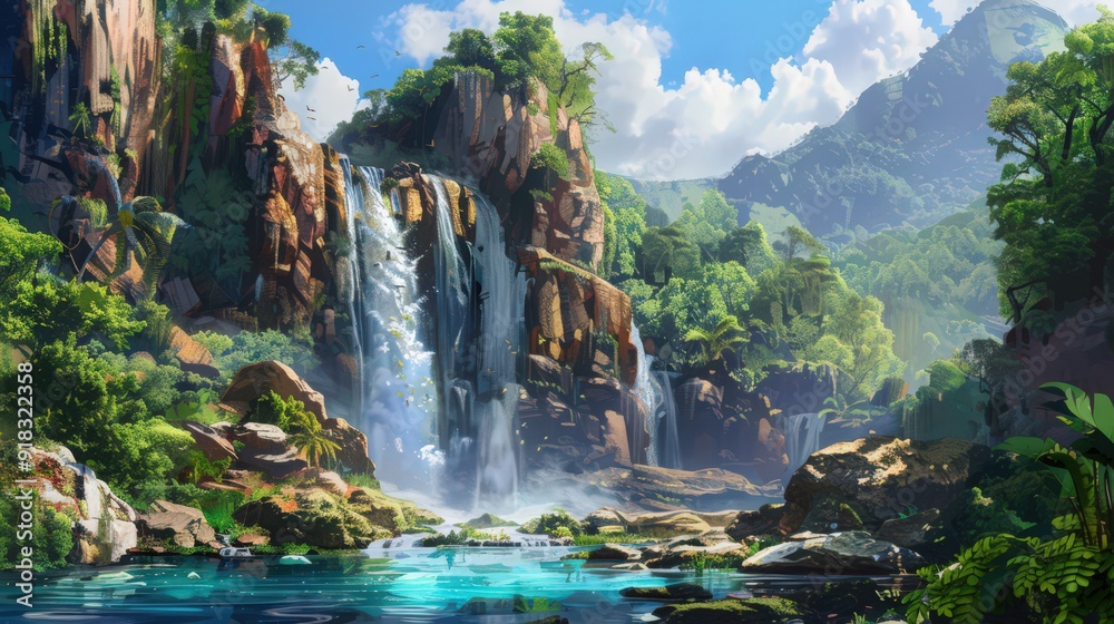 The breathtaking waterfall crashes down a steep cliff into a tranquil pool,