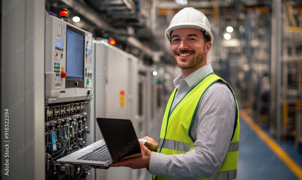 engineer in a factory, Caucasian smiling worker wearing white hat with green safety vest in industrial holding laptop to check and control electronic machine industry engineer in a factory, Caucasian smiling worker wearing white hat with green safety vest in industrial holding laptop to check and control electronic machine industry