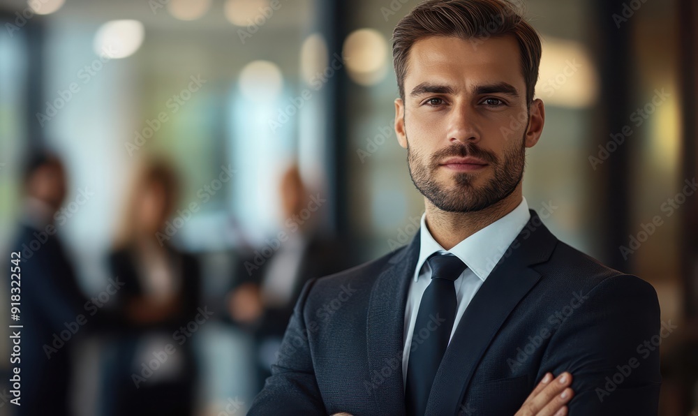 leader businessman in suit in with blurred team people in office, successful teamwork and confident manager leader businessman in suit in with blurred team people in office, successful teamwork and confident manager