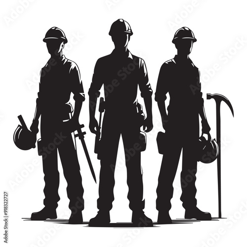 Silhouettes of Construction Workers with Tools and Hard Hats