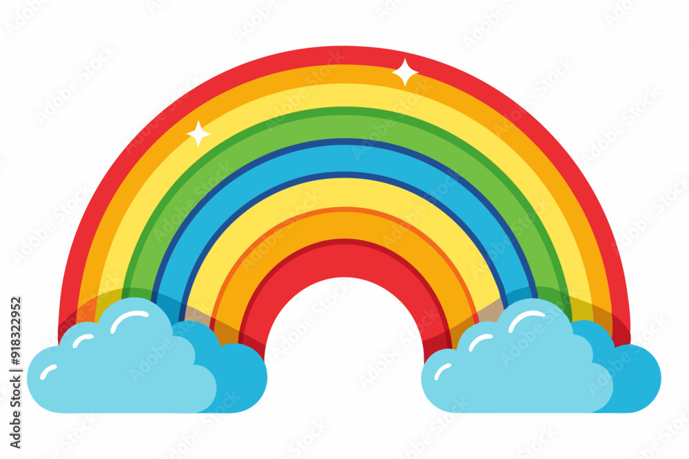 Colorful Rainbow Arcing Over Two Clouds with White Stars Colorful Rainbow Arcing Over Two Clouds with White Stars
