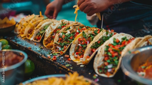 Mexican street food vendor serving tacos with vibrant toppings  photo