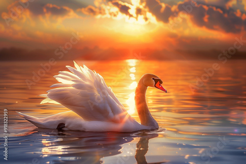 Fototapeta Naklejka Na Ścianę i Meble -  there is a swan that is swimming in the water at sunset