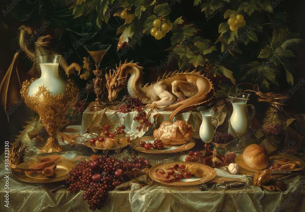 Obraz premium there is a painting of a table with a bunch of food on it