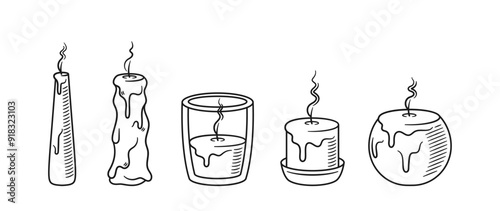 Vector Illustration Features Five Hand-drawn Doodle Candles In Various Shapes And Sizes, Emitting Smoke