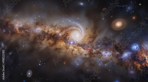 A breathtaking view of a spiral galaxy surrounded by distant stars and cosmic dust in the vastness of space