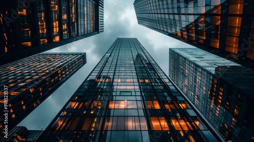 Wallpaper Mural Looking up at tall modern skyscrapers with illuminated windows under a cloudy sky Torontodigital.ca