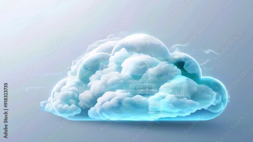 Abstract cloud computing concept with a blue glowing cloud and a futuristic server inside.