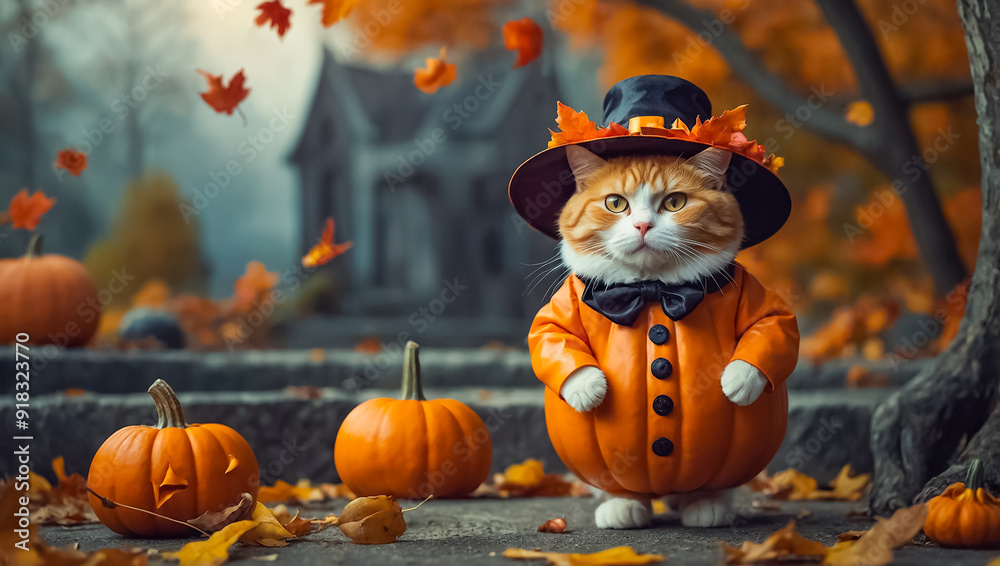 Naklejka premium Cute cat, autumn, pumpkin in nature