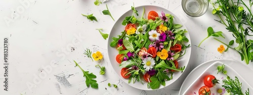 plate of salad with flowers on white table. Generative AI,
