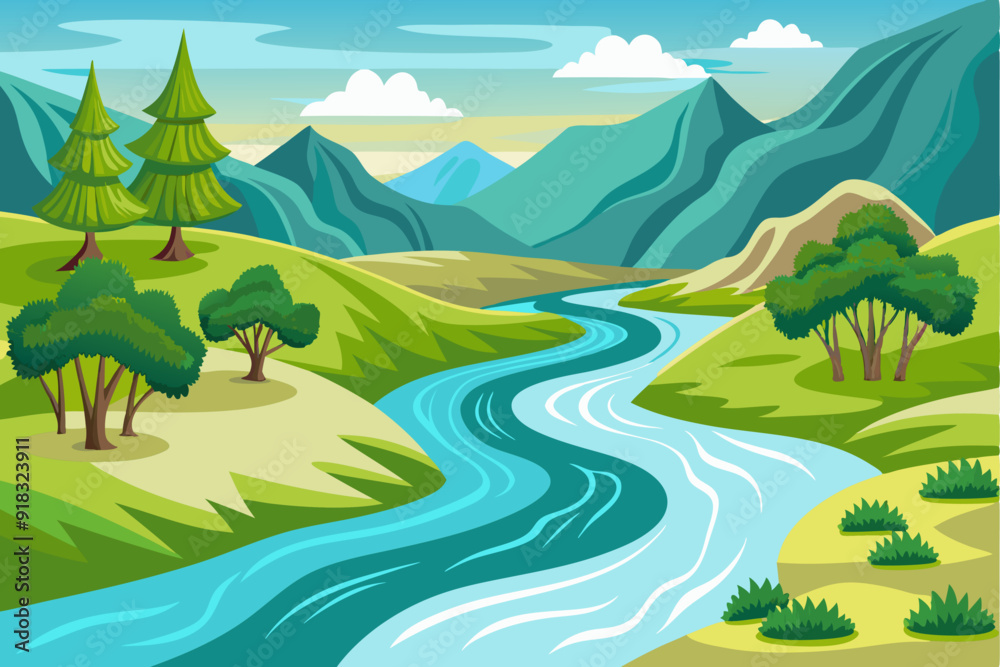 Obraz premium Winding River Through Lush Green Valley with Mountains in Background