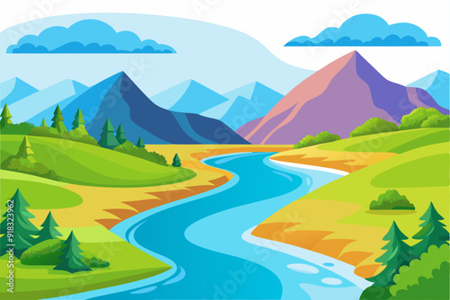 Serene River Winding Through Verdant Hills and Mountains