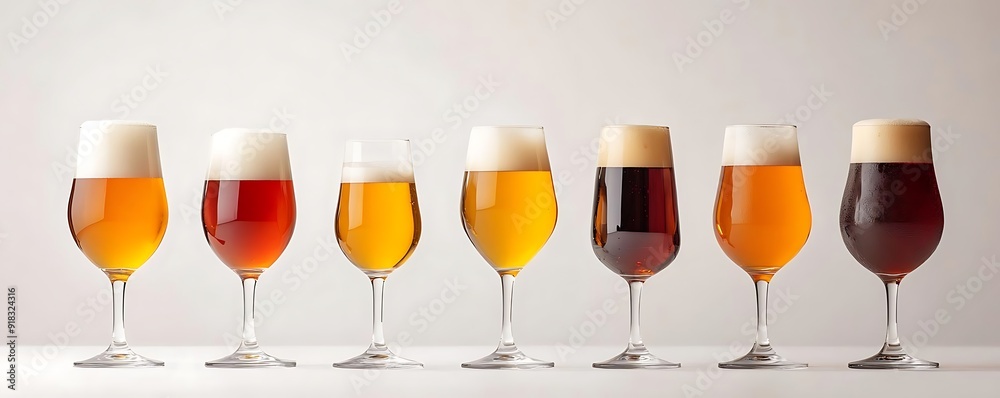 Six Glasses of Beer on a White Background - Photo Six Glasses of Beer on a White Background - Photo