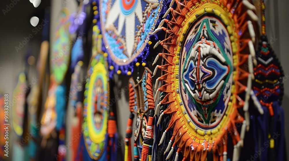 Fototapeta premium Colorful handcrafted dreamcatchers displayed in an artisan market during a sunny afternoon