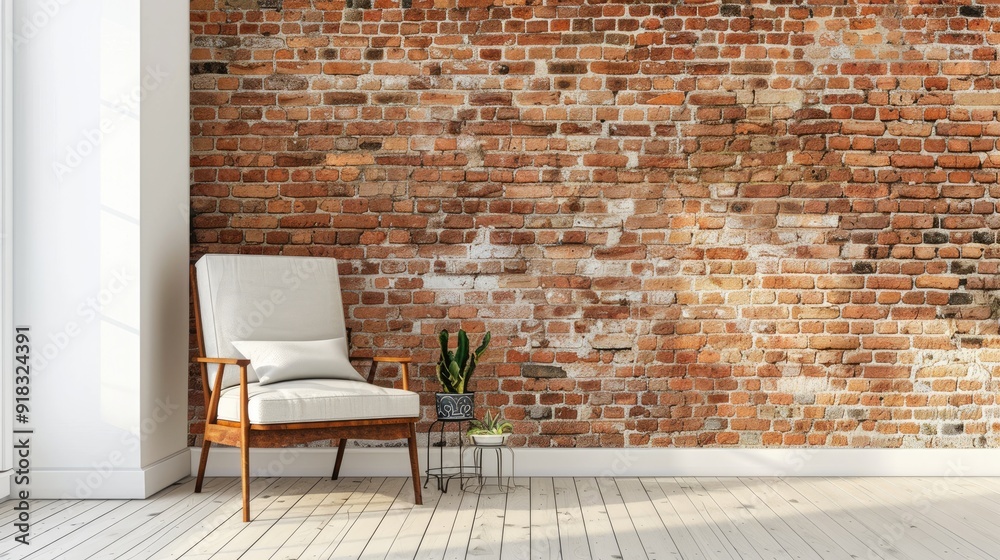 Fototapeta premium Brick wall and vintage chair in white entryway