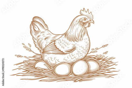 Hen is sitting on a nest full of eggs in a vintage style perfect for an organic farm logo photo