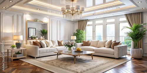 Elegant Living Room with White Sofas and a Chandelier, 3D Illustration, Interior Design, White Walls, Modern Decor, living room, interior design