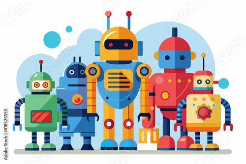A Group of Five Colorful Robots Standing Together